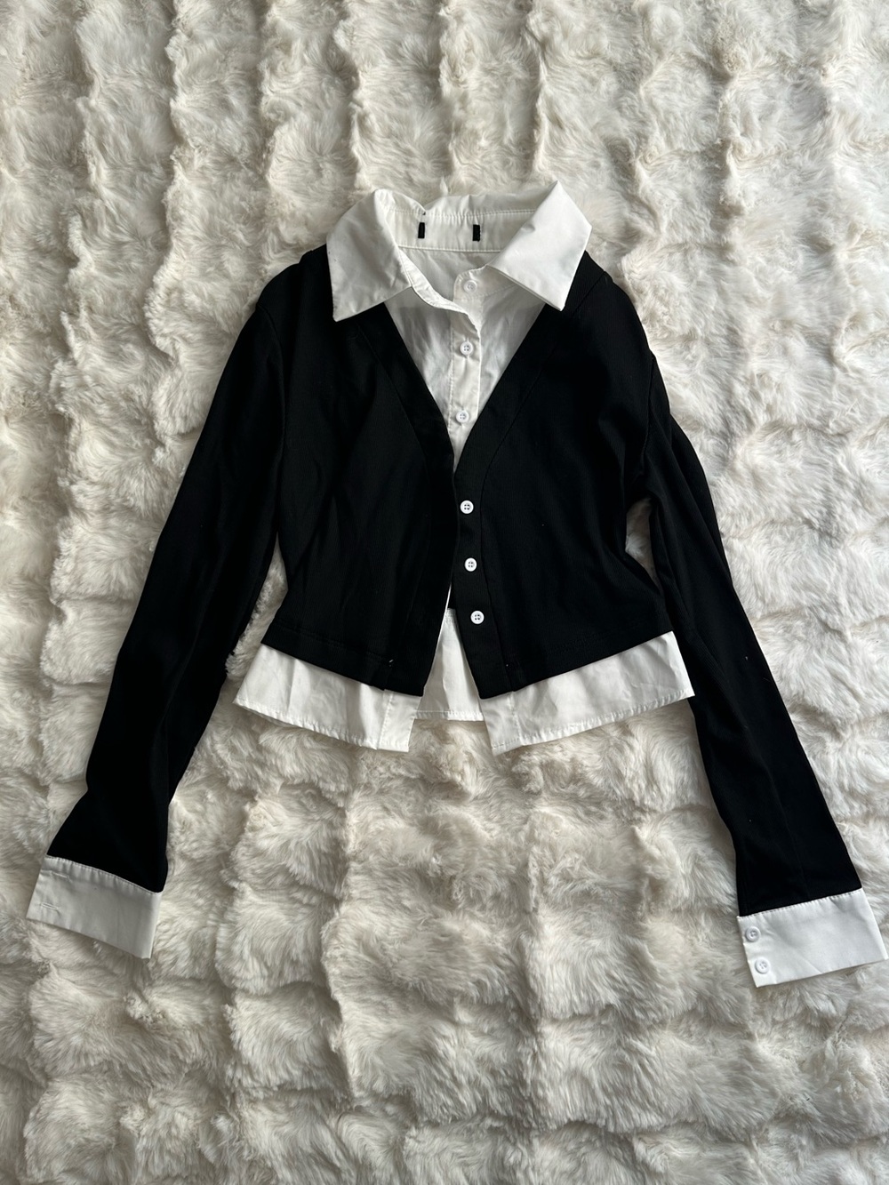 Black & White Layered Look Cardigan Detail Stylish Top- Women’s Essentials